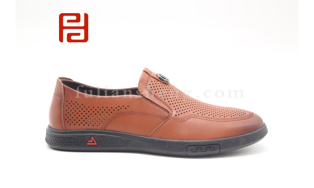 福連升夏季休閑商務男鞋棕色黑色打孔透氣舒適套腳鞋圖片