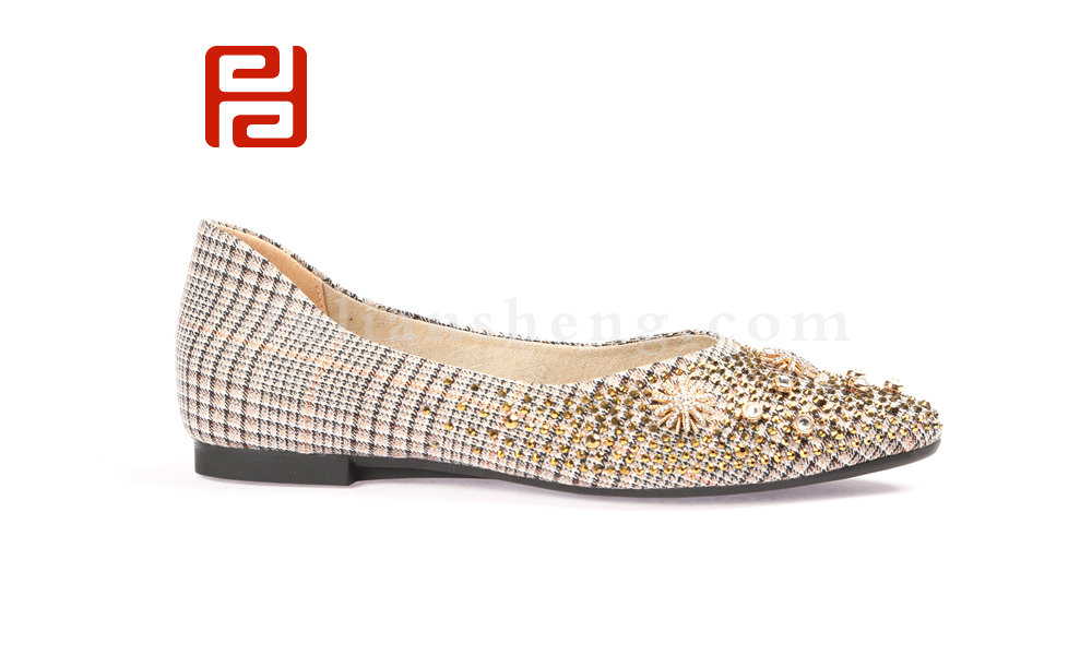 福連升民國(guó)風(fēng)格子布單鞋女鑲鉆淺口尖頭鞋平底瓢鞋(圖2)